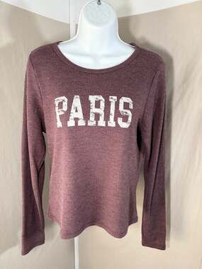 Pink Republic Paris Long Sleeve Ribbed Knit Graphic Top Maroon XL